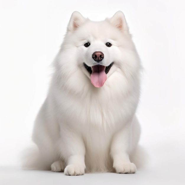 Perro samoyedo blanco sentado aislado sobre fondo blanco.