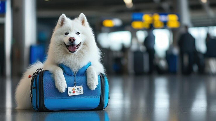 Un perro samoyedo feliz listo para la aventura en el aeropuerto internacional con un arnés azul brillante