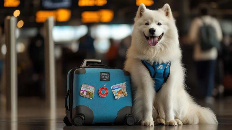 Perro samoyedo listo para la aventura en un aeropuerto ocupado con maleta e información de contacto