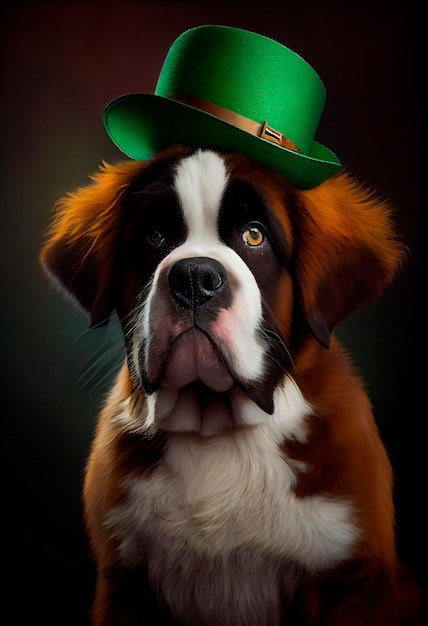 Perro san bernardo con un sombrero de duende verde brillante para el día de san patricio