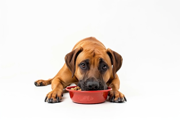Foto perro sano con un cuenco de comida aislado sobre un fondo transparente