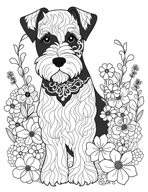 Un perro schnauzer en flores.