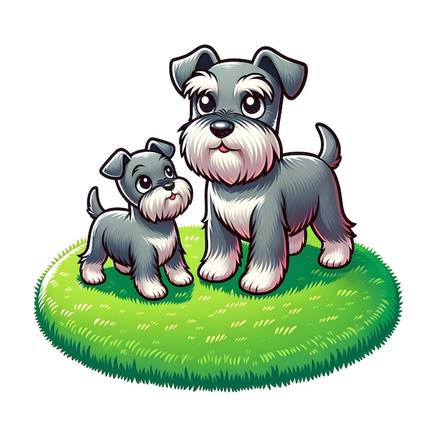 Perro Schnauzer en miniatura Familia cálida en el musgo verde