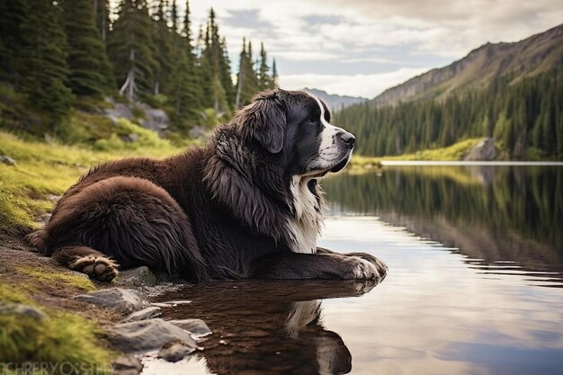 Foto un perro está sentado en el agua con árboles al fondo.