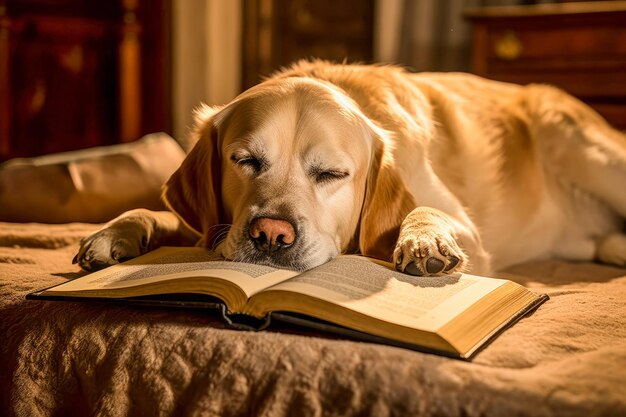 Un perro sentado al lado de una persona leyendo un libro