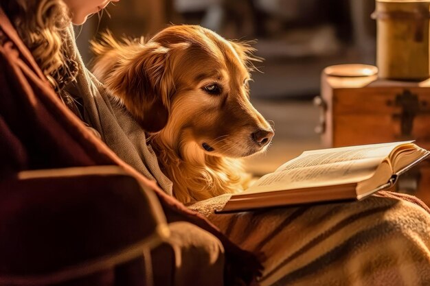 Foto un perro sentado al lado de una persona leyendo un libro