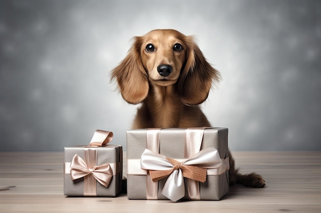 Perro sentado al lado del presente fondo gris ai generado