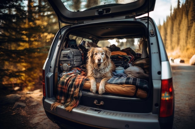 Perro sentado en un auto con equipaje para viajar IA generativa