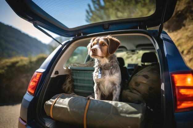 Perro sentado en un auto con equipaje para viajar IA generativa