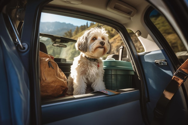 Perro sentado en un auto con equipaje para viajar IA generativa