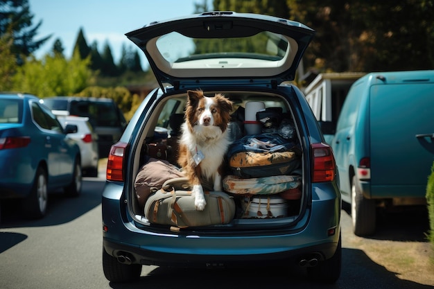 Perro sentado en un auto con equipaje para viajar IA generativa