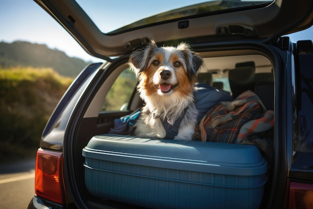 Perro sentado en un auto con equipaje para viajar IA generativa