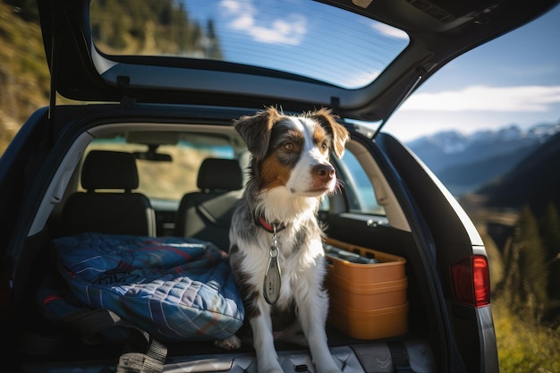 Perro sentado en un auto con equipaje para viajar IA generativa