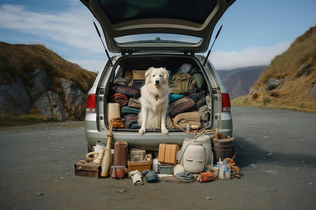 Perro sentado en un auto con equipaje para viajar IA generativa