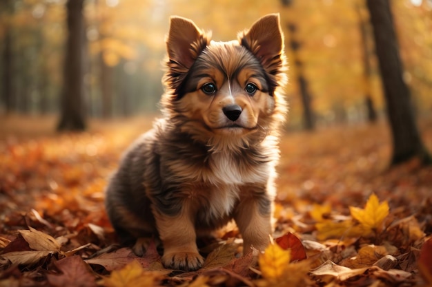 Un perro sentado en el bosque de otoño