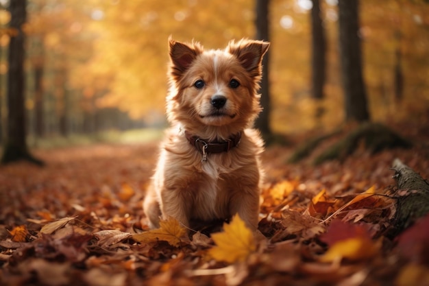 Un perro sentado en el bosque de otoño