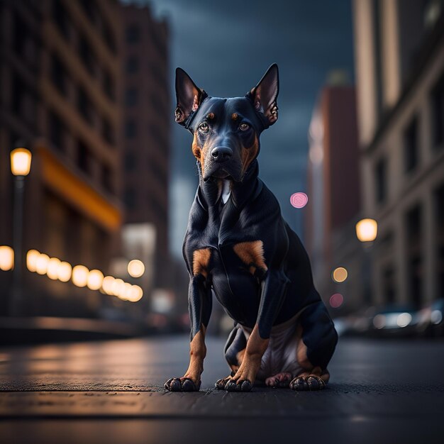 Un perro sentado en la calle frente a una calle de la ciudad.