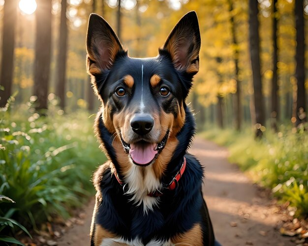 Un perro sentado en un camino del bosque