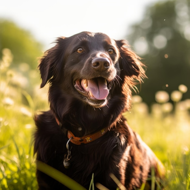 Foto un perro está sentado en un campo de hierba y tiene una etiqueta en el collar.