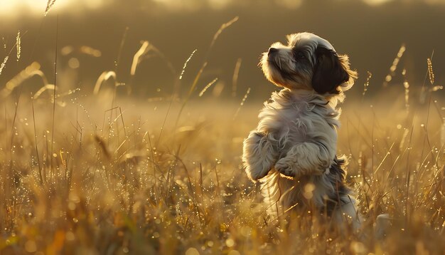 Foto un perro está sentado en un campo con el sol detrás de él