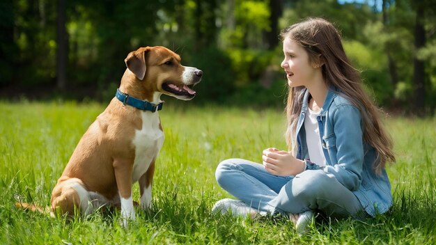 El perro sentado cerca de la chica