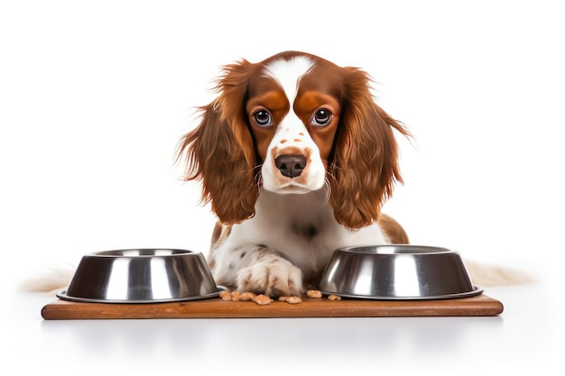 perro sentado con un cuenco de comida para gatos en un fondo blanco Contenido generativo de IA