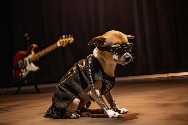 Perro sentado en el escenario con guitarra y traje de estrella de rock listo para el espectáculo creado con ai generativo