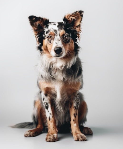 Un perro sentado frente a un fondo gris con un fondo blanco.