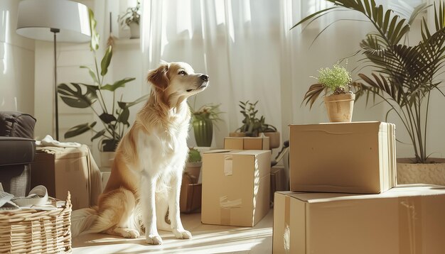 Foto un perro está sentado frente a una pila de cajas de cartón