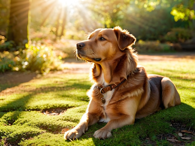 Foto un perro está sentado en la hierba con el sol detrás de él