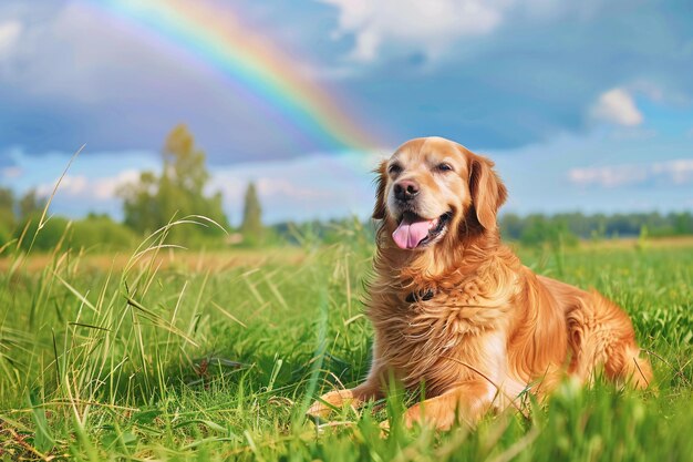 Foto perro sentado en la hierba verde en el medio del campo y arco iris en el cielo