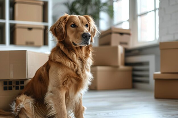 Perro sentado junto a las cajas