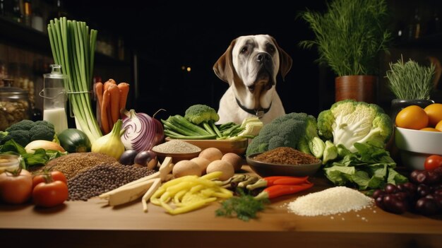 Foto un perro sentado junto a una mesa llena de comida deliciosa perfecto para dueños de mascotas o bloggers de comida