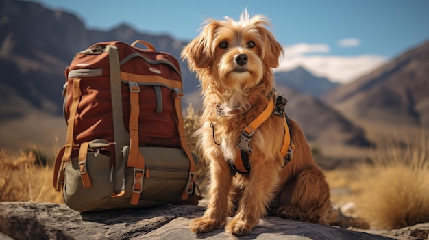 El perro sentado junto a la mochila