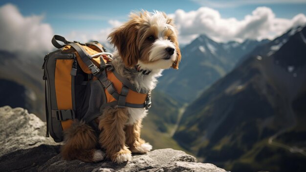 El perro sentado junto a la mochila