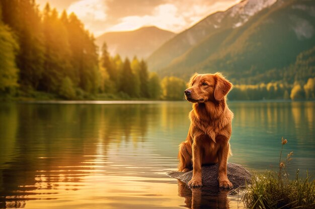 Foto un perro sentado en medio de un paisaje natural sereno