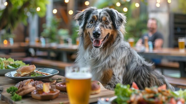 Un perro sentado en una mesa con comida y una cerveza