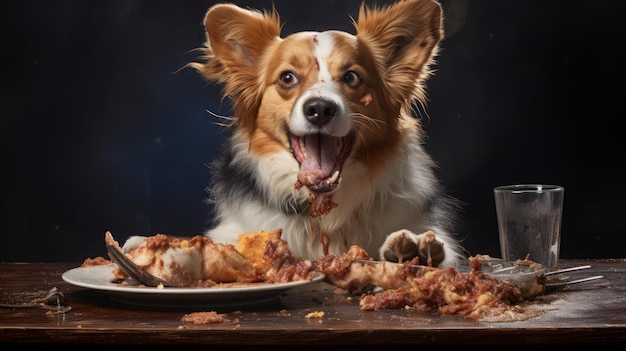 perro sentado en la mesa comiendo