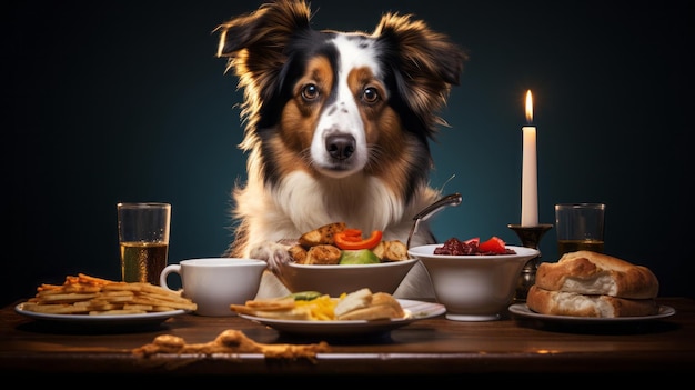 perro sentado en la mesa comiendo