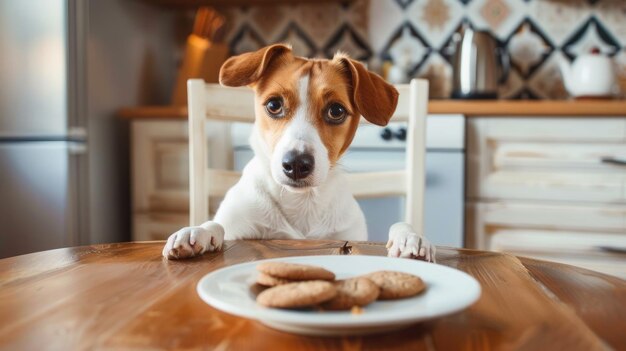 Foto perro sentado en la mesa mirando las galletas en un plato