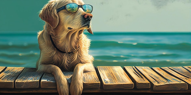 Perro sentado en un muelle de madera con gafas de sol ai generativo