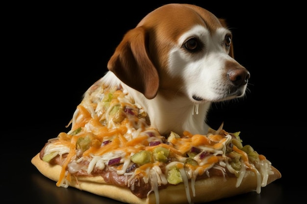 Foto un perro está sentado en una pizza que tiene la palabra perro en él