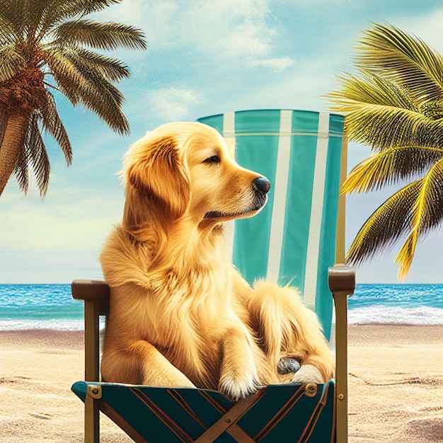 Perro sentado en una silla en la playa ai generativo