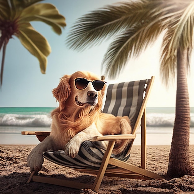 Perro sentado en una silla en la playa ai generativo