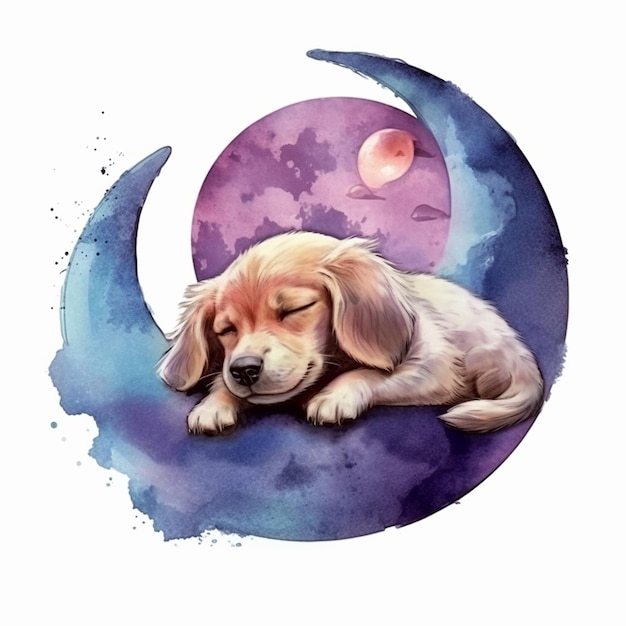 Un perro sentado en vector de acuarela de luna