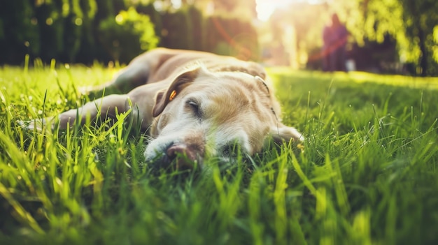 Perro sereno disfrutando de la hierba bajo el sol 39s caricia suave en un parque