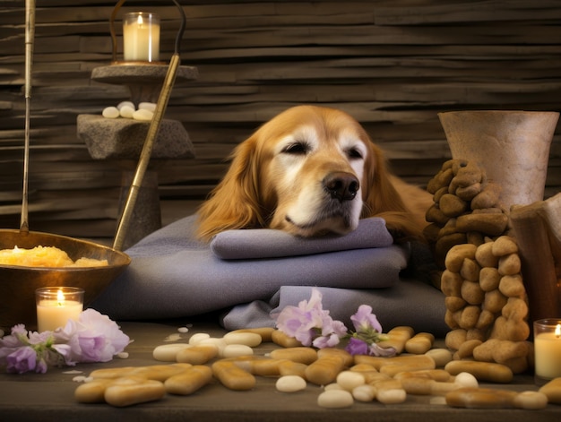 Perro sereno disfrutando de un masaje en un spa para mascotas