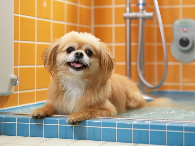 Perro sereno disfrutando de un masaje en un spa para mascotas