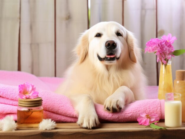 Foto perro sereno disfrutando de un masaje en un spa para mascotas