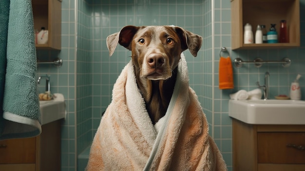 Un perro serio en una bata de baño se enorgullece de mantener la limpieza en el baño mostrando los hábitos de higiene generados ai